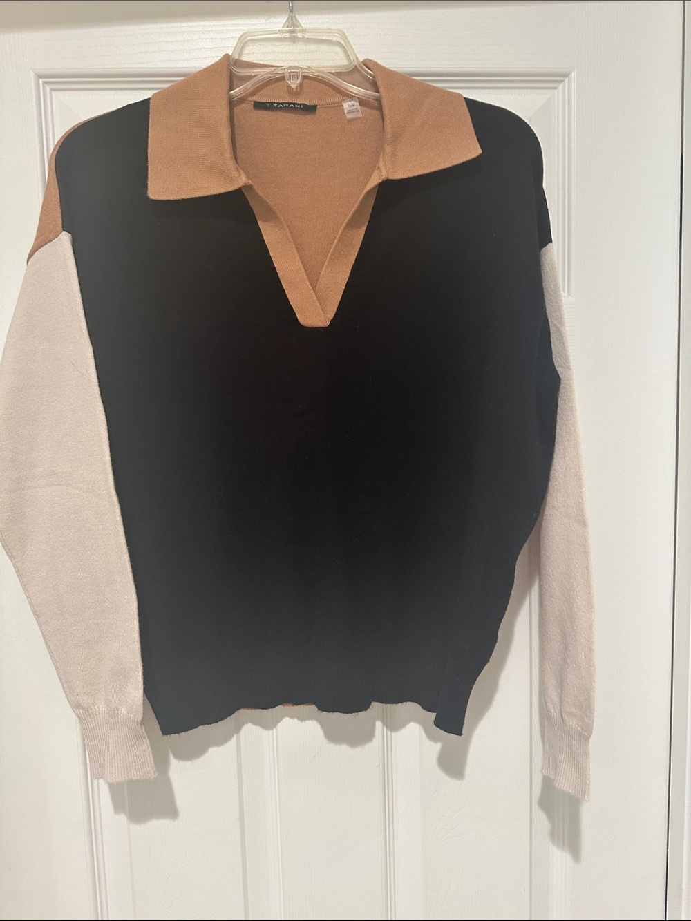 Tahari Black Sweater with Tan Collar and Cream Sleeves V-Neck